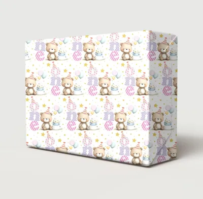 Imagen del producto de Papel de regalo rosa para el 1er cumpleaños de niña con motivo de oso de peluche