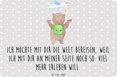 Produktbild von Mr. & Mrs. Panda Wandbild Bär Flugzeug DIN A3 - Grau Pastell - Geschenk, Jahrestag, Metallbild, für Frauen, Blechschild, Freundin, Hochzeitstag, Liebesbeweis, Schild