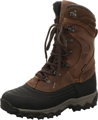 A single brown winter boot is shown against a white background.