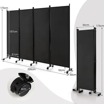 A black, four-panel room divider with wheels, shown from the front and a side view, with dimensions indicated by measurement lines and text.