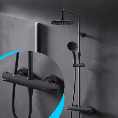 Produktbild von AM.PM Duschsystem Regendusche mit Thermostat, Schwarz, 38℃, Edelstahl Duscharmatur Set, Duschsäule Regendusche, inkl. verstellbar Duschstange F07TA422