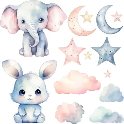 Produktbild von Wandaufkleber Kinderzimmer – Wandsticker für Baby & Kinder – Selbstklebende Wanddekoration – Abnehmbar ohne Rückstände – Deko für Mädchen & Jungen - Pastellfarbene Tiere am Nachthimmel in Aquarell130x224 cm