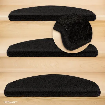 Three black stair mats are shown on wooden stairs. A close-up inset shows the texture of one of the mats.