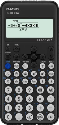 A black Casio fx-82DE CW calculator with a screen displaying a mathematical equation.