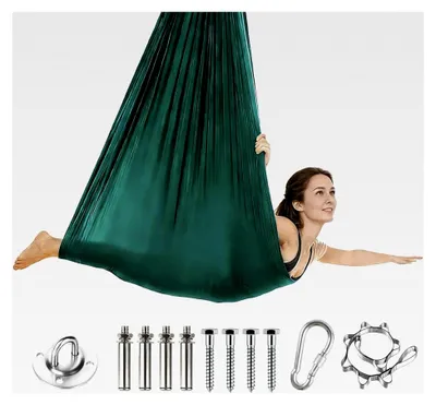 Produktbild von Aerial Yoga Hängematte Set mit vollständiger Installationshardware, Erwachsene Aerial Swing, 280x150 cm, Dunkelgrün, geeignet für Indoor- und Anti-Gravity-Übungen