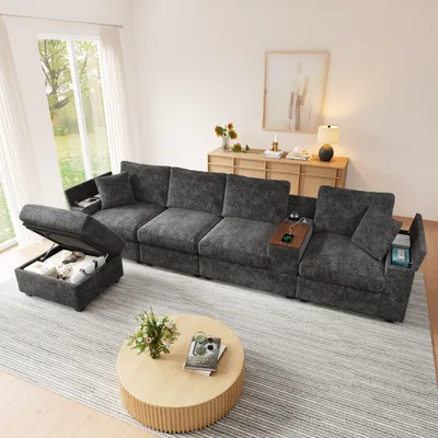 Image de Canapé d'angle modulaire Merax en L, 5 places, avec rangement, ports USB et Type-C, table basse pivotante, canapé en chenille, gris