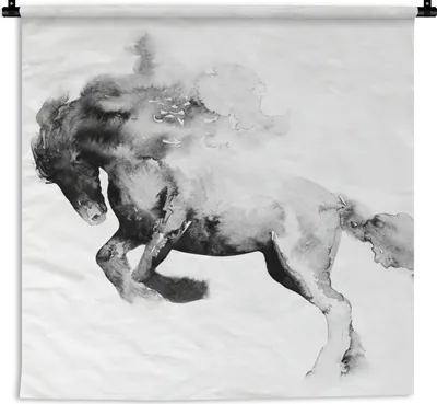 Produktbild von MuchoWow® Wandteppich Wandbehang Gemälde - Pferd - Tiere - Ölfarbe - Schwarz - Weiß 90x90 cm Tapisserie Dekoration Wandtuch - Wandaufhänger