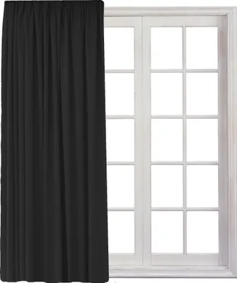 A black curtain is shown partially covering a white window with multiple panes.