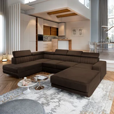 Zdjęcie produktu dla Masseno Narożnik SIENA R-S z funkcją spania i pojemnikiem na pościel Kształt U, Rozkładana sofa, Rogówka - Brązowy, MONOLITH 29
