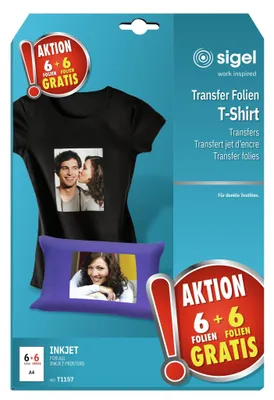 Produktbild von SIGEL T1157 Aktion T-Shirt Transfer Folien für dunkle Textilien, 6 Folien + 6 Folien gratis, inkl. Bügelpapier
