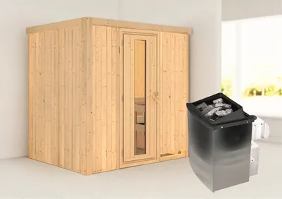 Produktbild von Elementsauna Karibu Bodina inkl. 9 kW Ofen u.integr.Steuerung ohne Dachkranz mit Holztüre und Isolierglas wärmegedämmt