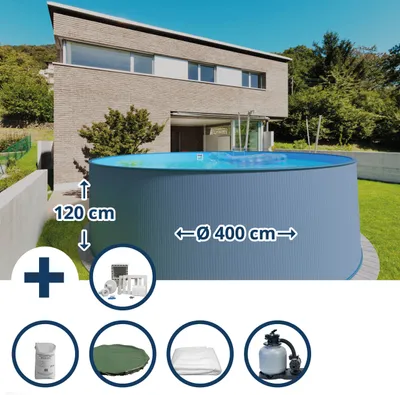 Produktbild von Stahlwandpool Set (6-teilig) rund 400 x 120 cm, Stahl 0,4 mm anthrazit Folie 0,4 mm blau