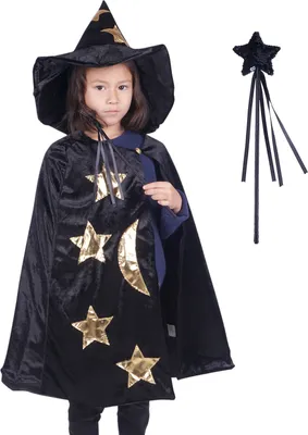 Zdjęcie produktu dla Kostium czarodzieja dla dzieci z peleryną, magicznym kapeluszem i magiczną różdżką | kostium czarownicy dla dzieci | kostium magika | czarny