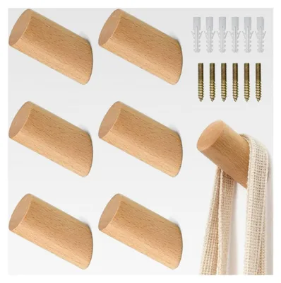 Produktbild von Holzhaken, 6 Stück, Buchenholz, 100% Holz, Kleiderhaken, Garderobenhaken, 8 x 3 cm, Wandmontage, rustikal, natürlich, für Kleidungsstücke, Accessoires, Kleinobjekte