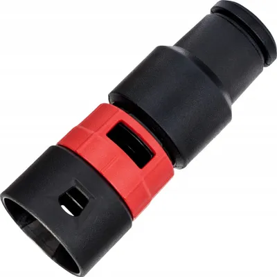 A close-up studio shot of a black and red hose connector.