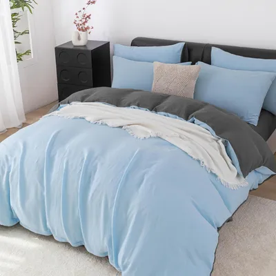 Produktbild von Bettwäsche-Set 155x220 cm Blau/Grau 100% Baumwolle 3-teilig mit Reißverschluss