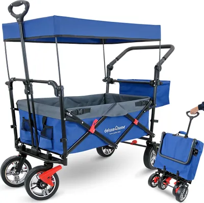 Produktbild von deluxe4home® Bollerwagen mit Dach Faltbar Blau I Handwagen Transportwagen bis 80 kg I Breite Reifen Trolley Bremsen I Robuster Wagen Kinderwagen