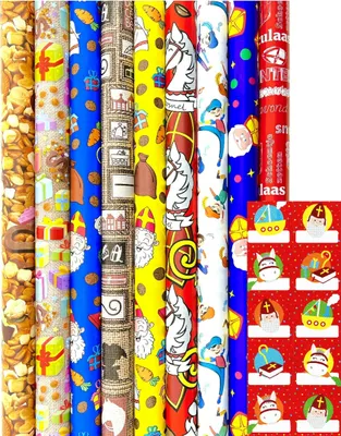 Obrázok produktu pre Baliaci papier Sinterklaas - sortiment vrátane 20 nálepiek s menom - 300 x 70 cm - 7 roliek