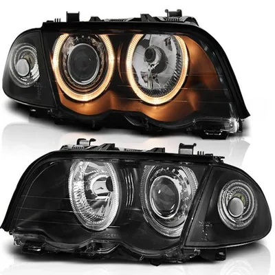 Productafbeelding van Koplampen met "Angel Eyes" design, geschikt voor BMW 3-serie E46 Limousine en Touring, bouwjaar 98-01, kleur zwart