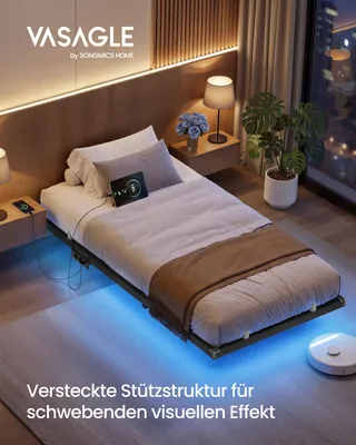 Produktbild von VASAGLE Bettgestell 90 x 200 cm mit LED-Beleuchtung, USB-C-Anschluss, Steckdosenleiste, Schlafzimmer, trägt bis 250 kg, schwarz