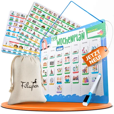 Produktbild von Filapen® Wochenplaner Kinder - Montessori Magnettafel inkl. 209 Magnete, Stoffbeutel, Stift