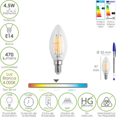 Immagine prodotto di Lampadina a led filamento per candela E14. 4,5 Watt. Equivalente a 35 Watt. 470 Lumen. Luce neutra 4000º K.