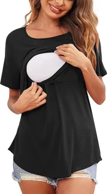 Immagine prodotto di Maglietta premaman da donna con collo rotondo e patta asimmetrica - Ideale per l'allattamento - Comodo top in tinta unita - Taglia M