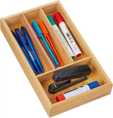 Produktbild von Schubladenorganizer aus Bambus, 4 Fächer, H x B x T: 4 x 16 x 28 cm, Sortierbox für Zuhause, Natur