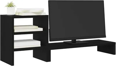 Produktbild von Monitorständer aus Holzwerkstoff in Schwarz mit Eichen-Optik, Tragfähigkeit bis 35 kg, inklusive Schreibtisch-Organizer