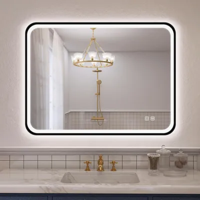 Zdjęcie produktu dla Lustro do łazienki z oświetleniem, 80x60 cm, czarna rama aluminiowa, możliwość regulacji jasności, funkcja zapobiegająca parowaniu, 3 barwy światła, klasa szczelności IP44