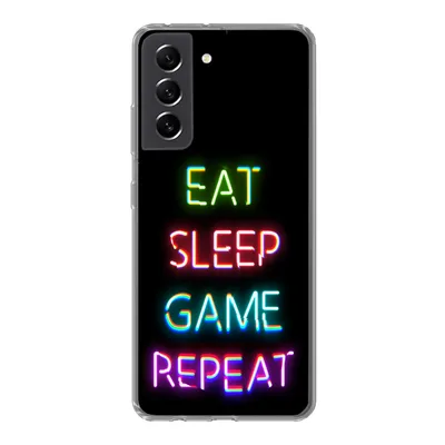 Produktbild von MuchoWow® Handyhülle Schutzhülle Hülle für Samsung Galaxy S21 FE Gaming - Led - Zitat - Eat sleep game repeat - Gaming Silikon Softcase Handy Hülle - Mobiltelefonhülle