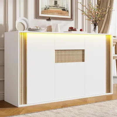 Produktbild von MODFU Kommode mit 3 Türen und 1 Schublade,Sideboard Weiß Holzoptik mit LED, 140 × 40 × 82 cm,Buffetschrank für Wohnzimmer