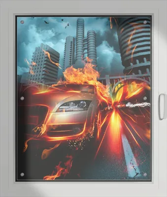 Produktbild von Wallario Lichtschutzbild, Dekorativer Sichtschutz Sonnenschutz 76 x 93 cm mit Motiv: Brennendes  fahrendes Auto - Verdunklung ohne Bohren