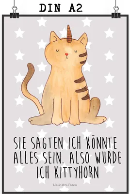 Produktbild von Mr. & Mrs. Panda Bild Einhorn Katze DIN A2 - Grau Pastell - Geschenk, Regenbogen, Wandbild, Plakat, Unicorn, drucke, Katzer, wanddeko, Glitzer, Design Poster