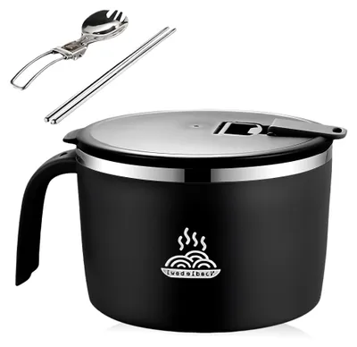 Produktbild von Ramen-Schüssel mit Deckel, 1300 ml Edelstahl Ramen-Schüssel, Set mit Holzgriff, Klapplöffel und Essstäbchen, tragbare Schüssel für Instant-Nudeln, japanische Suppenschüssel