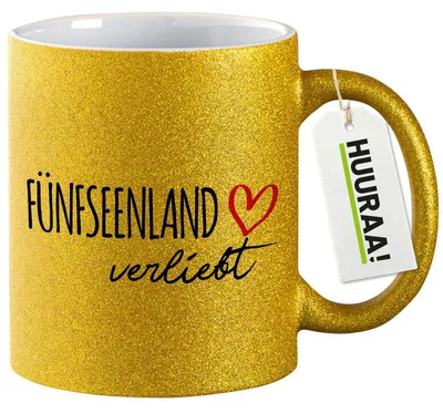Produktbild von Huuraa Glitzertasse Fünfseenland verliebt 330ml Gold Keramik Kaffeebecher Geschenkidee