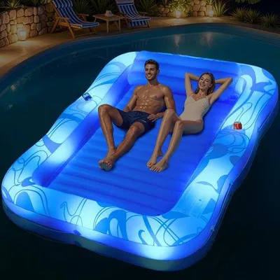 Obrázok produktu pre Uniqoos® Nafukovacia plávacia podložka 200 x 130 cm – LED diódy s meniacou sa farbou v závislosti od slnečného žiarenia a držiak na nápoje, PVC, veľká, určená pre dospelých