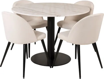 Image de EstelleØ106WHBL ensemble table, table blanc, marbre et 4 Velvet chaises Velours côtelé beige, noir.