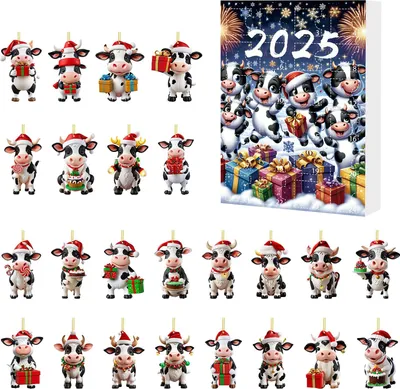 Produktbild von Kuh-Adventskalender 2025, 24 Tage, Weihnachts-Countdown-Kalender mit 2D-Acryl-Hochlandkuh-Hängeornamenten, süßer Kuh-Weihnachtsbaumanhänger