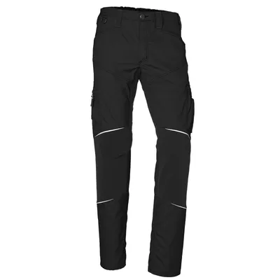 A pair of black work pants on a white background.