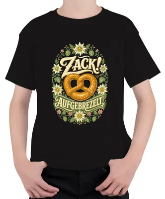 Zdjęcie produktu dla Zack! Koszulka dla dzieci, czarna, rozmiar 116. Motyw: brezel, edelweiss, tradycyjny strój bawarski (lederhosen, dirndl)