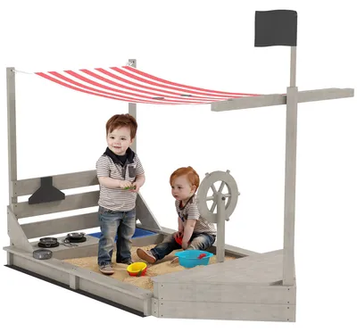 Produktbild von Outsunny Sandkasten Schiff Design Holz mit Küchenspielset Abdeckung