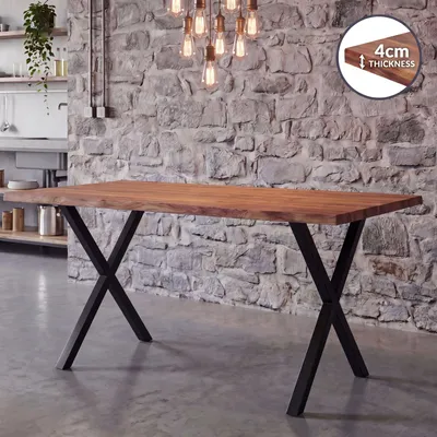 Image de FineBuy Table de salle à manger 120 cm rectangulaire en bois massif d'acacia bord naturel Table de salle à manger industrielle Table de cuisine massive en bois massif Table à bord naturel Piètement en X Noir