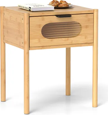 Image de COSTWAY Table de nuit en bambou, table d'appoint avec tiroir en verre trempé, table de chevet, table de nuit en bois, 40 x 40 x 50,5 cm