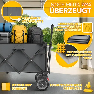 Produktbild von TRESKO® Bollerwagen faltbar 215L mit Bremse | Handwagen klappbar 150kg inkl. Vollgummireifen | Faltbarer Strandwagen Extra Breite All-Terrain-Räder | Transportwagen mit Tragetasche