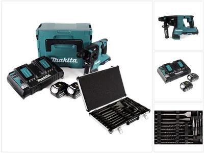 Produktbild von Makita DHR 280 PMJ Brushless Akku Bohrhammer 28 mm 2x 18 V für SDS-PLUS im Makpac + 2x 4,0 Ah Akku + Doppelladegerät + 17tlg. Bohrer und Meißel Set