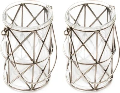 Produktbild von Glas Windlicht mit Metall-Rahmen und Henkel Ø 10 x 16cm 2 Stück