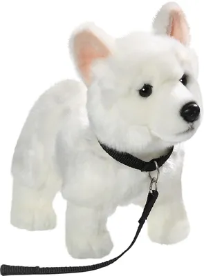 A white plush dog with a black collar and leash, standing on a white background.