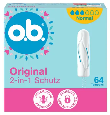 Productafbeelding van o.b. Original normale 2-in-1 tampons (1 x 64 stuks). Met dynamische pasvorm en elkaar overlappende groeven voor tot 100% bescherming tegen lekken en comfort