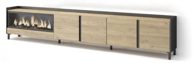 Image de Meuble tv effet bois de chêne et noir 315x35x61cm cheminée effet feu